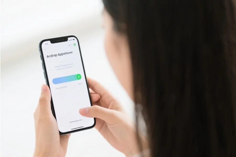 一位年轻女性正用安卓手机查看App安装界面，屏幕上显示安装进度条，环境简约明亮