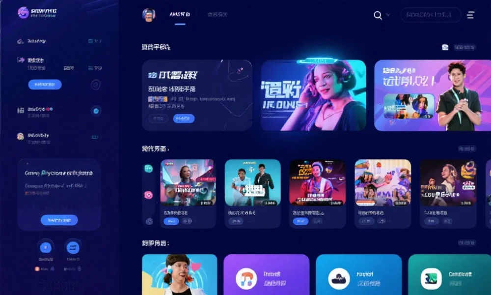 现代娱乐平台界面展示丰富娱乐内容和多样互动功能，突出科技感和用户参与度